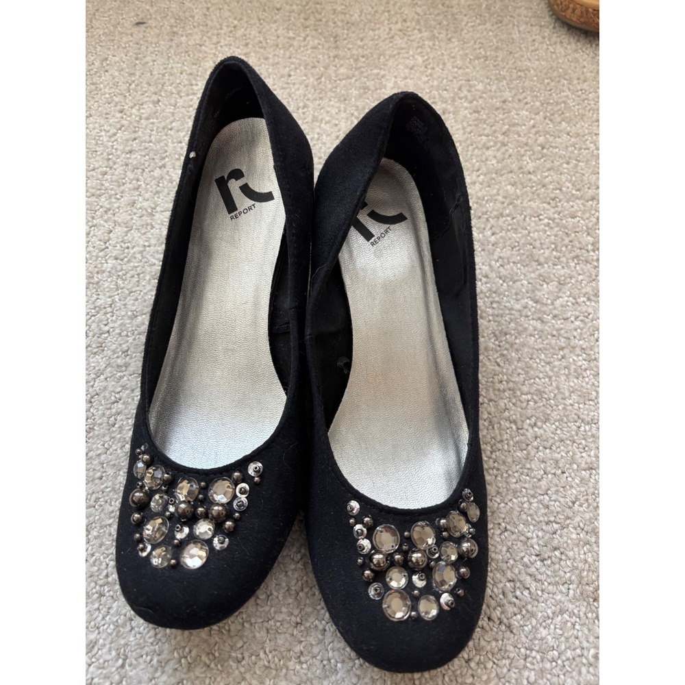 Report Wedge Heels Womens 8 Black Rhinestone Embellished Low Pump‎ Evening Glam